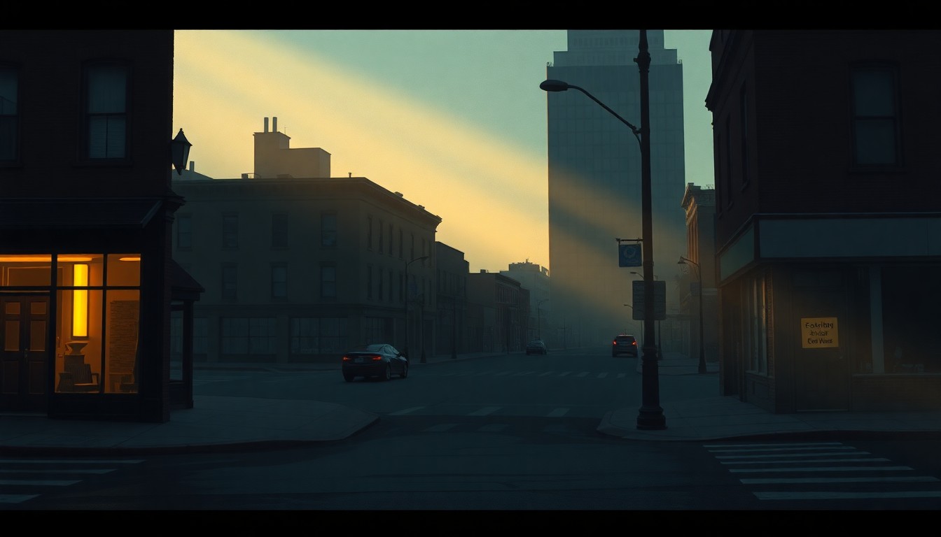 A serene, photorealistic painting of a deserted city street corner in Buffalo, with warm sunlight casting deep shadows across the pavement and buildings, conveying a sense of quiet contemplation about the city's future.