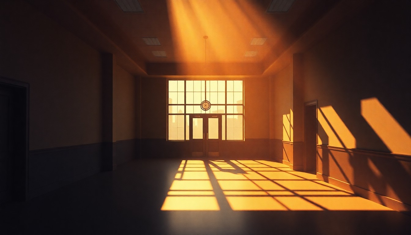 A dimly lit, cinematic office space with a lone desk and chair, the warm light filtering through the windows casting deep shadows across the floor, conveying a sense of isolation and introspection.