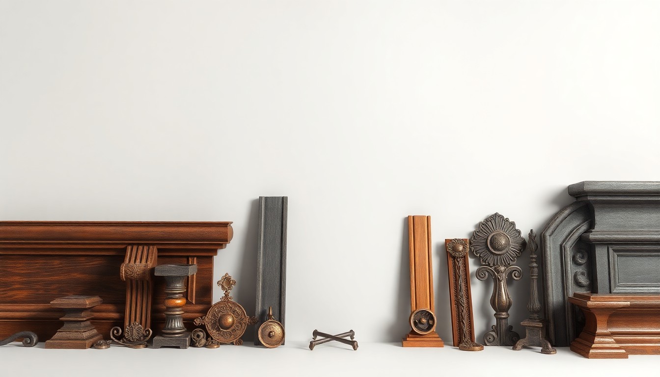A high-end, photorealistic studio still-life photograph featuring a collection of ornate architectural moldings, aged wooden beams, and antique hardware in shades of brown, gold, and gray, elegantly arranged on a clean, monochromatic background to represent the abstract concepts of historic preservation and urban renewal.