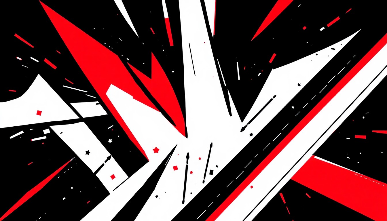 An abstract, minimalist illustration featuring sharp, geometric shapes in black, white, and red, conveying the dynamic changes and adaptations in the local TV industry.