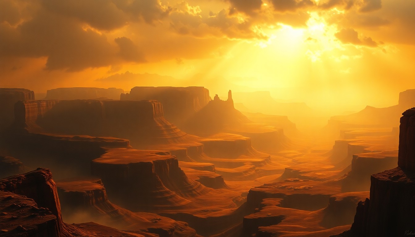 A vast, atmospheric landscape painting in muted earth tones, with hazy, distant mountains and a heavy, oppressive sky dominating the scene. The composition conveys a sense of the overwhelming, sublime power of nature, with any physical structures or vegetation dwarfed and obscured by the elements.