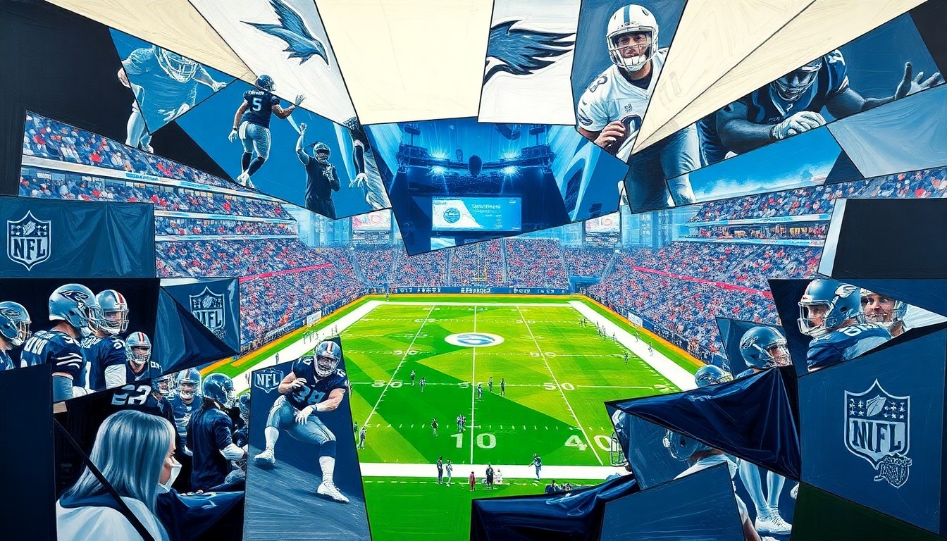 A cubist, geometric painting depicting the chaotic energy of an NFL draft event, with overlapping shapes and planes in navy blue, silver, and white, capturing the unpredictability and high stakes of the Cowboys' draft strategy.