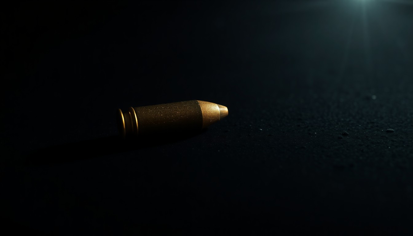 An extreme close-up photograph of a single spent bullet casing on a dark, textured surface, lit by a harsh, direct camera flash, conceptually representing the aftermath of a fatal shooting.