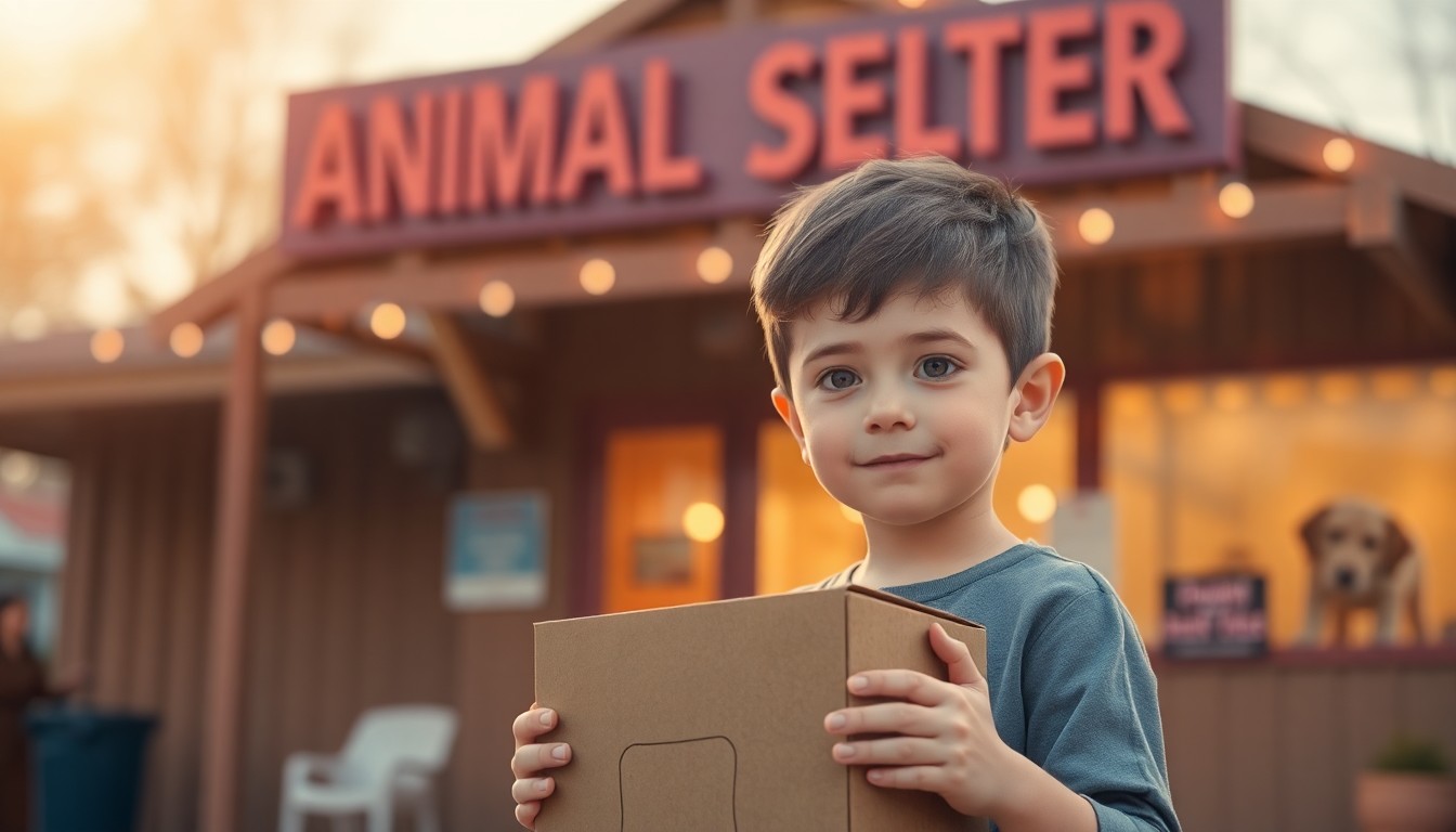 An extremely abstracted, out-of-focus photograph of a young boy holding a donation box in front of a blurred animal shelter scene, with warm pools of light and color surrounding him, conveying a sense of compassion and community.
