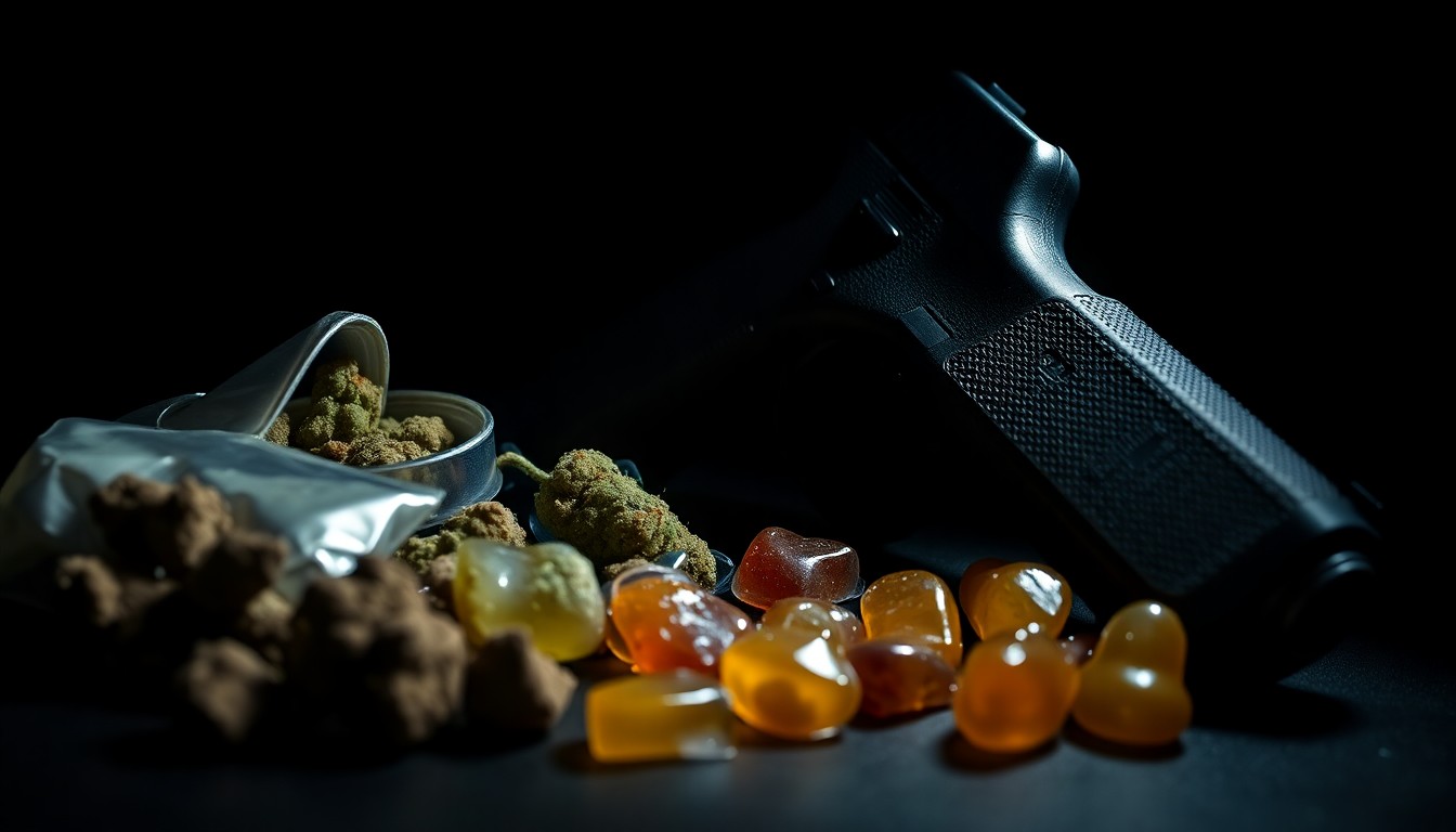 An extreme close-up photograph of a black Glock handgun and various drug paraphernalia, captured with harsh, dramatic lighting to create a stark, gritty investigative aesthetic.