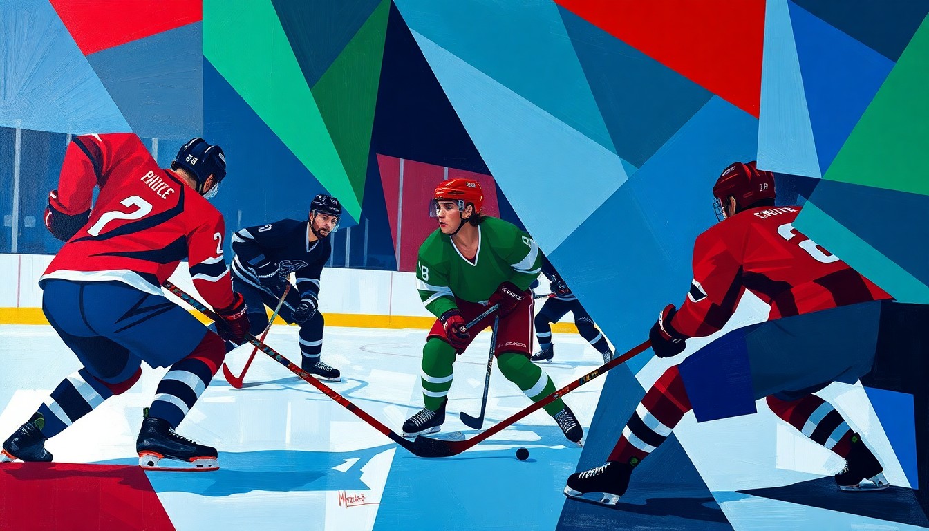 A cubist-style painting depicting a hockey game, with the players' forms broken down into sharp, geometric shapes in a vibrant color palette, capturing the energy and movement of the sport.