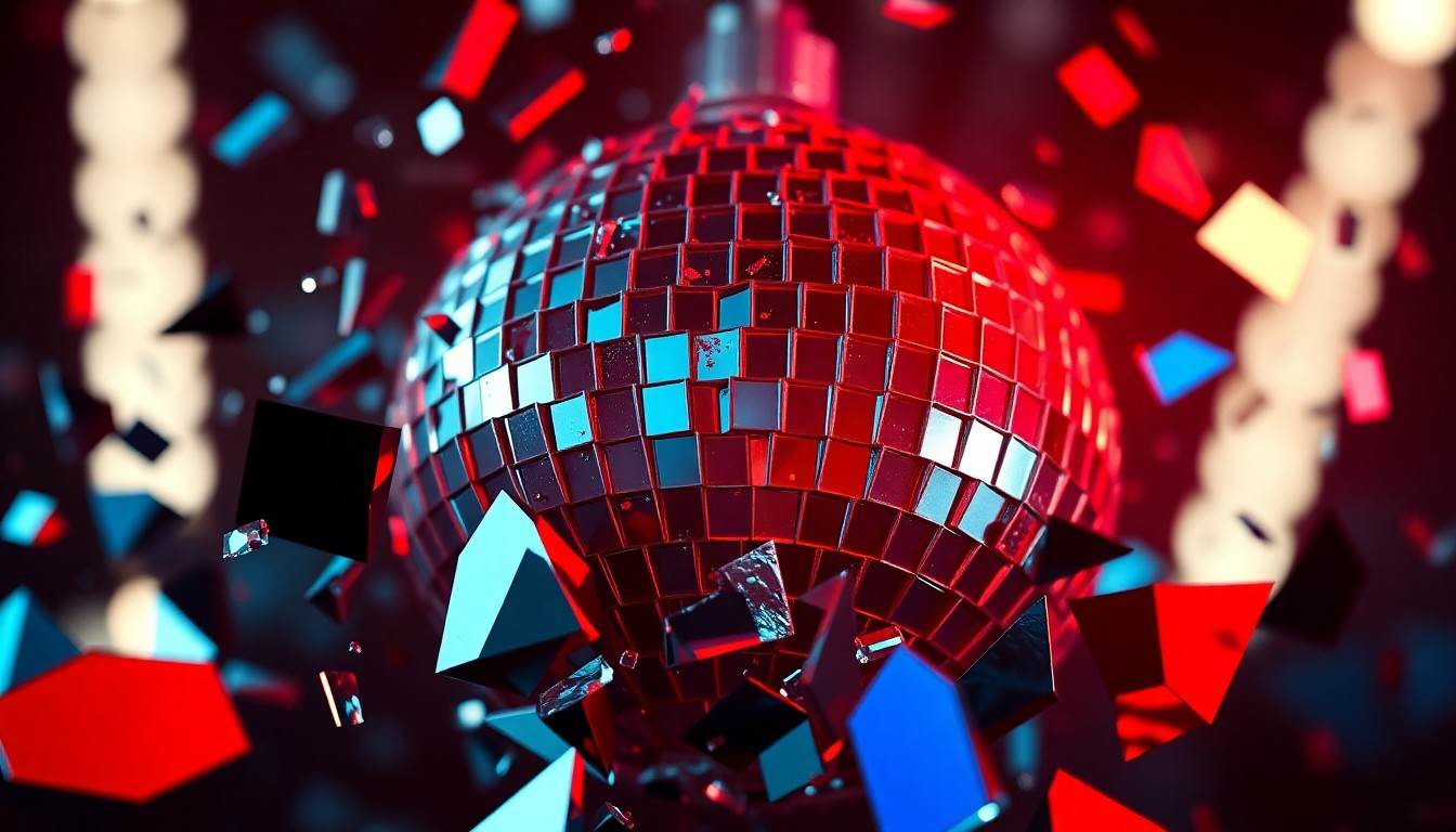 An abstract close-up photograph of shattered glass shards in vivid red and black, creating a dramatic, high-contrast texture that evokes the divisive nature of the story's subject matter.
