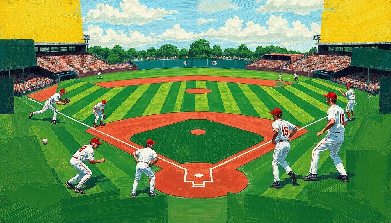 A fractured, multi-perspective painting depicting a high school baseball game, with the field, players, and equipment broken down into sharp, overlapping geometric shapes and planes in muted greens, browns, and whites, conveying the chaotic nature of the Panthers' defeats.