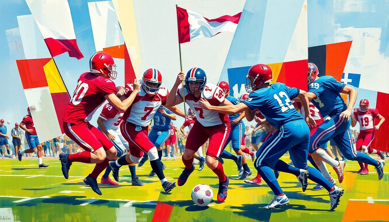 A cubist, geometric painting depicting a high school flag football game, with sharp, overlapping planes of red, white, and blue creating a dynamic, energetic composition.