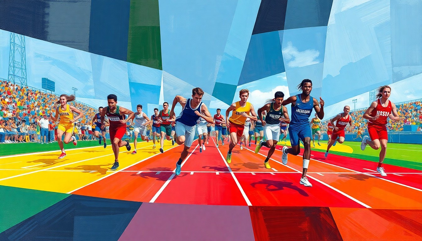 A fragmented, geometric painting depicting athletes in motion, with bold colors representing their school uniforms, conveying the dynamic energy of a track and field competition.