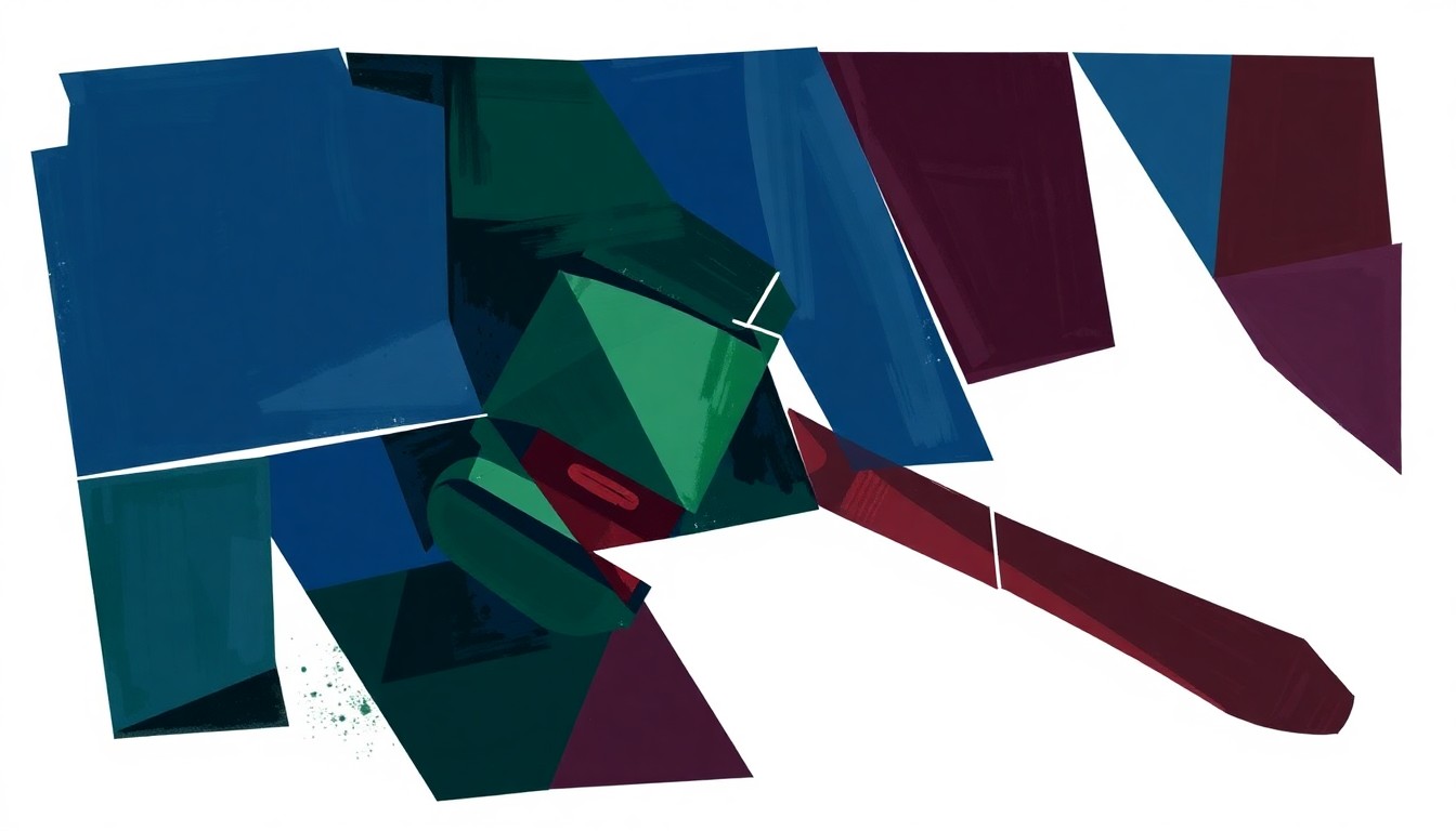 A fractured, overlapping geometric painting of a gavel or other political symbol in shades of navy blue, forest green, and burgundy, conceptually representing the partisan tensions surrounding the enforcement of child labor laws in Maine.