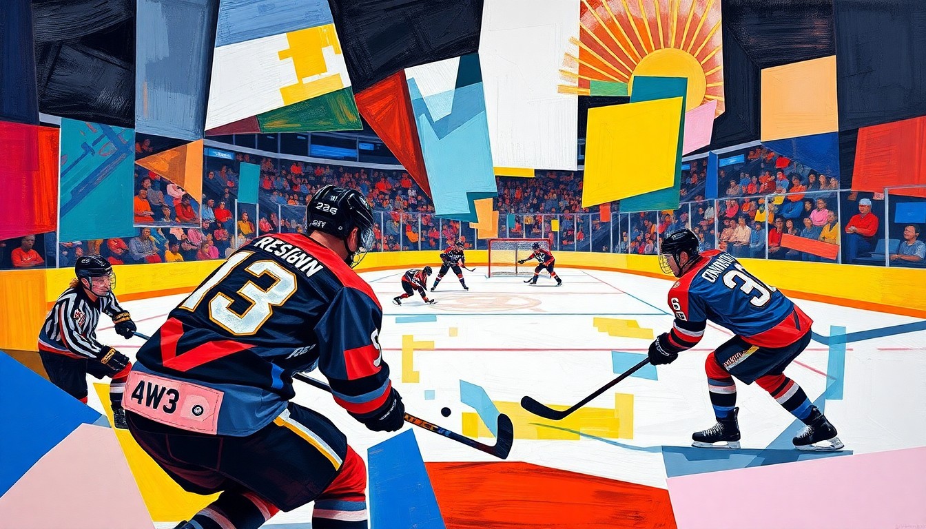 A cubist, geometric painting depicting overlapping planes of hockey players in motion, with the vibrant colors of the Ontario Reign and Tucson Roadrunners uniforms, conveying the dynamic energy and competitive spirit of the playoff game.