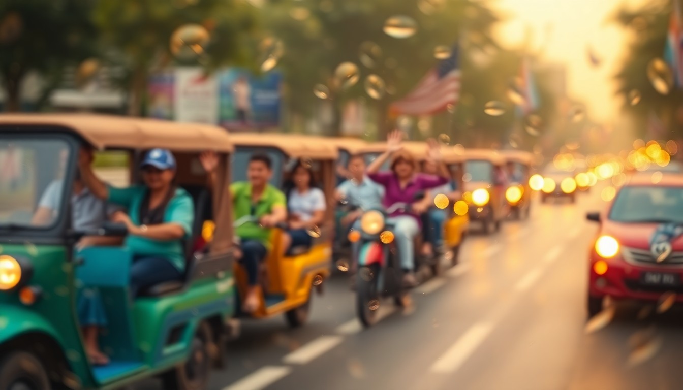 An abstract, impressionistic scene of blurred, colorful vehicles in motion, conveying the celebratory energy of a school community parade.