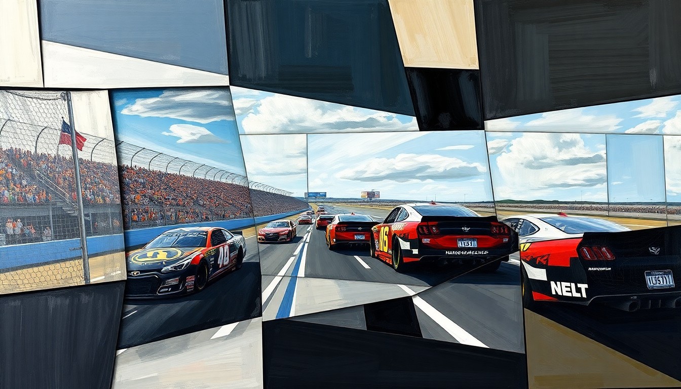 A cubist, geometric painting depicting a fragmented NASCAR race scene, with sharp, overlapping planes of color and form representing the strategic complexities of the new playoff system.