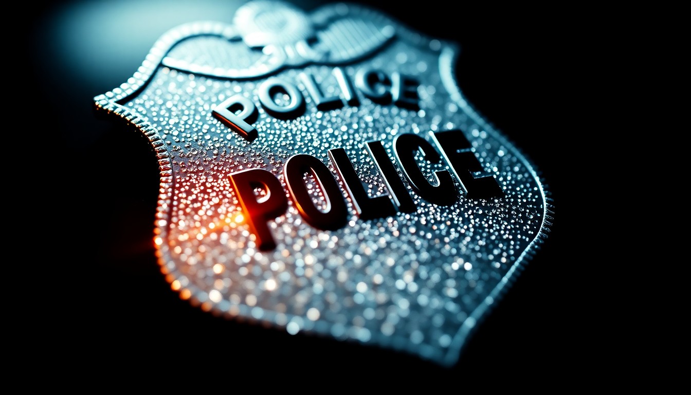 An extreme close-up photograph of a shiny, reflective police badge, capturing the intricate details and textures of the metal and enamel in dramatic, high-contrast lighting, conceptually representing the honor and prestige of the NYPD.