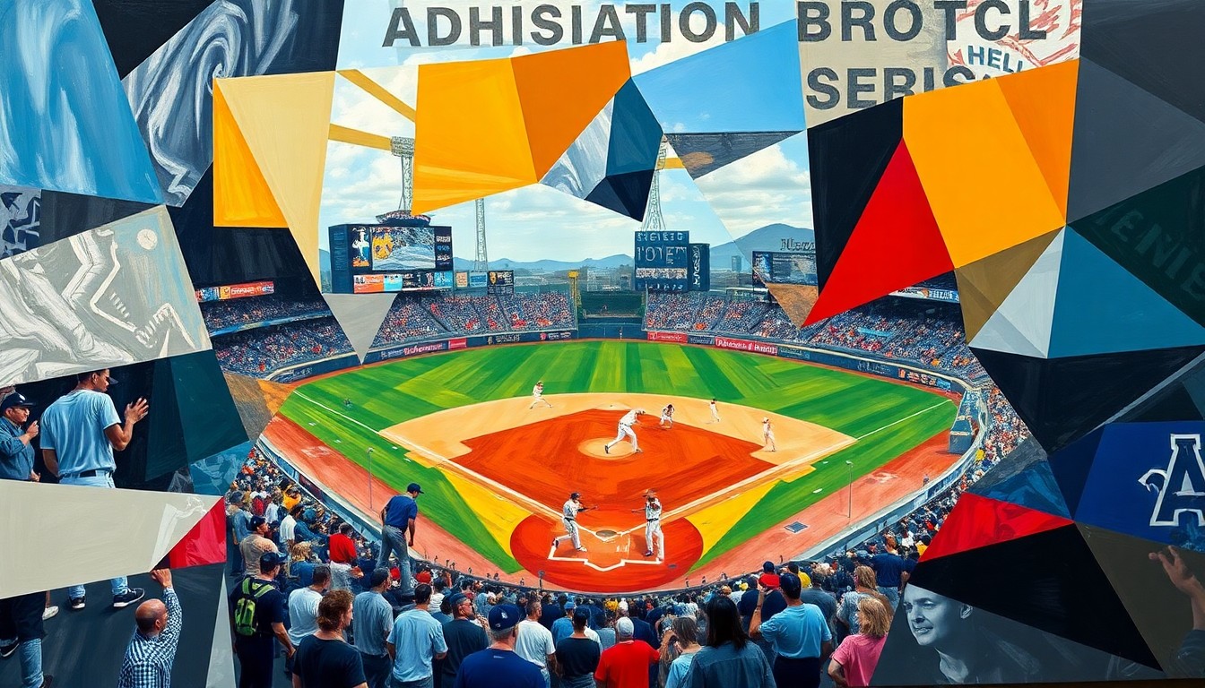 A cubist, geometric painting depicting a baseball game in motion, with players and the field broken down into abstract shapes and planes of color, capturing the energy and chaos of the sport.