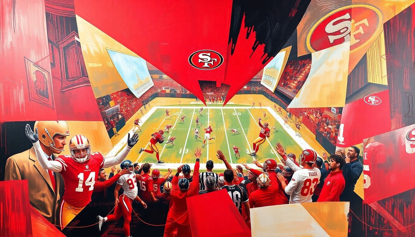 A cubist, geometric painting in shades of red and gold, capturing the dynamic energy of a football game through fragmented, overlapping shapes and planes.