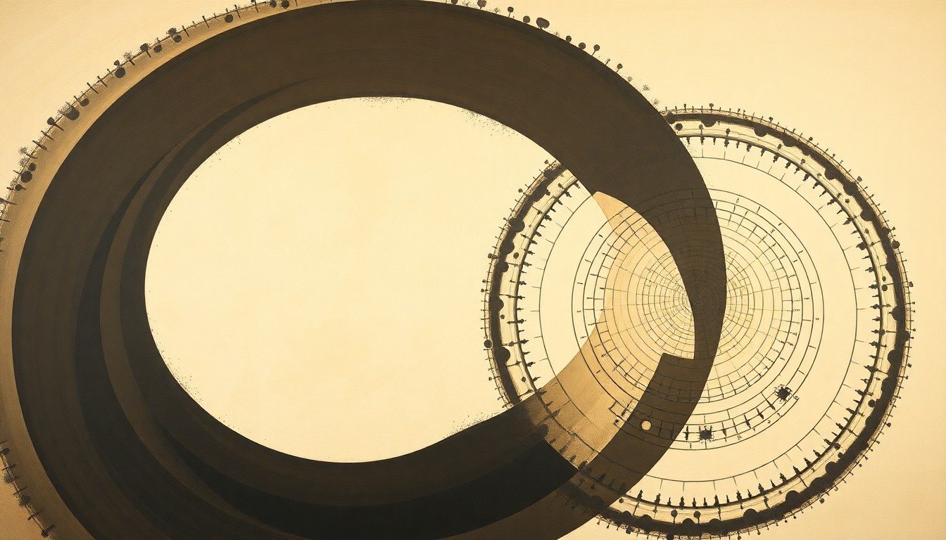 A highly textured, abstract painting in soft greens, browns, and blues, featuring sweeping geometric shapes and precise botanical spirals, conceptually representing the complex interplay of methane emissions and manure digester performance on dairy farms.