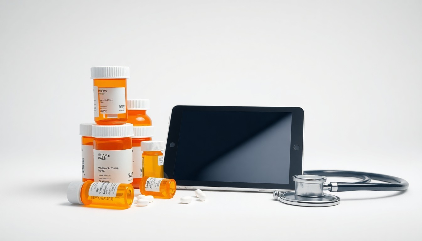 A high-end studio photograph featuring a stack of prescription bottles, a tablet device, and a stethoscope arranged elegantly on a clean white background, representing the business of long-term care pharmacy services.