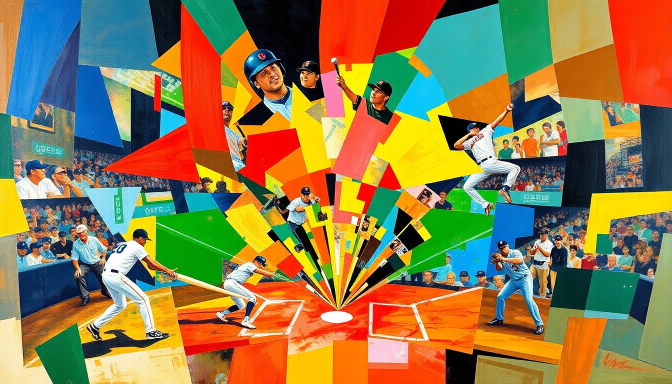 A cubist, geometric painting in vibrant colors depicting the dynamic action and movement of a baseball game, with overlapping planes and shapes representing the explosive energy of the sport.