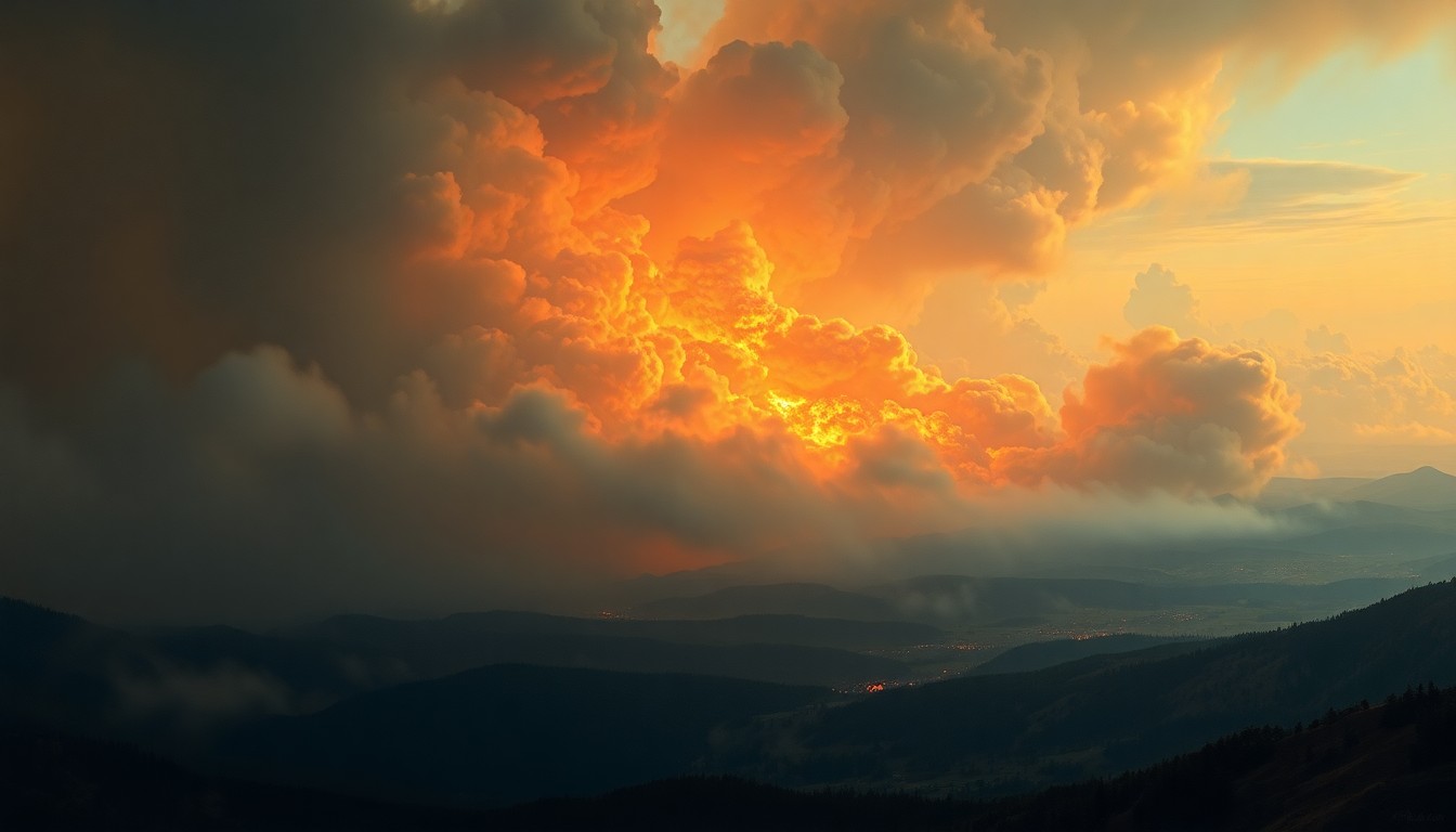 A sweeping, atmospheric landscape painting in muted tones, with a distant wildfire casting an ominous glow across the expansive scene, conceptually representing the overwhelming scale and power of natural disasters.