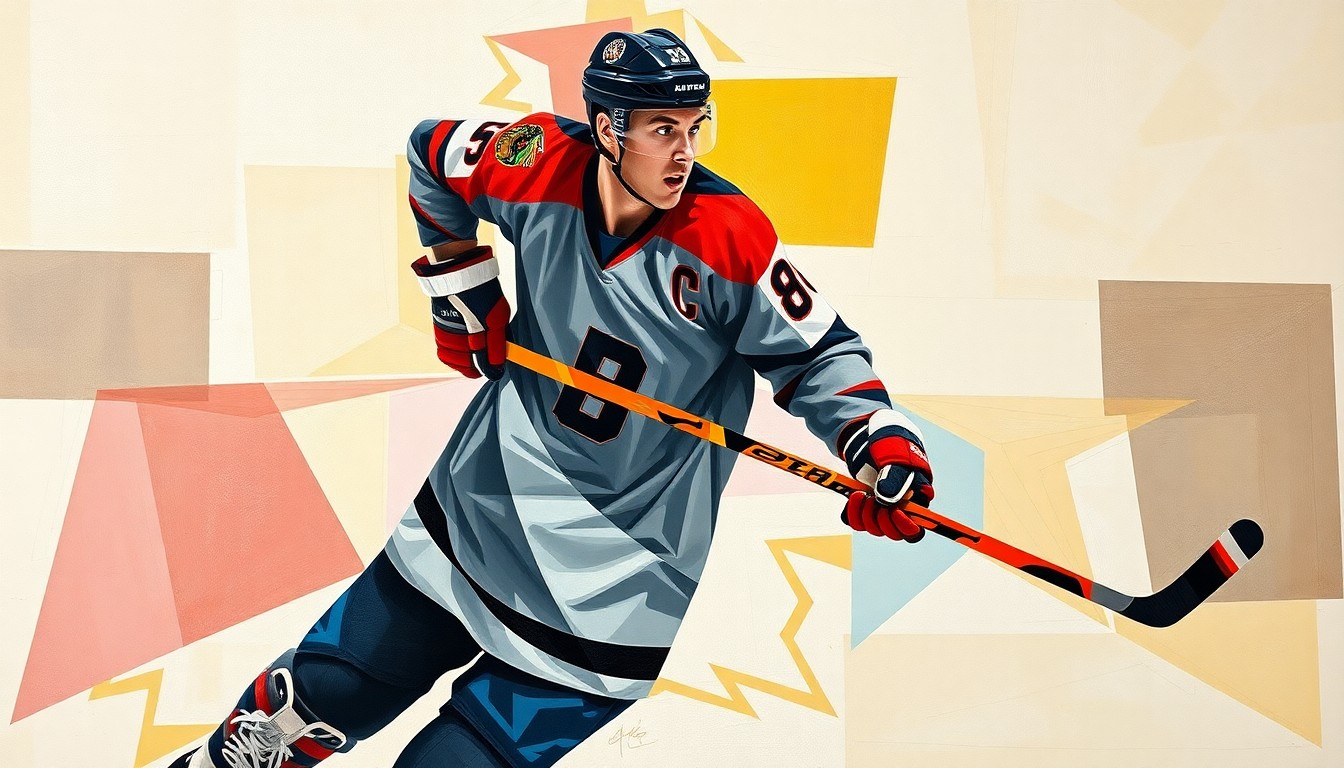 A cubist, geometric painting depicting a hockey player in motion, with their jersey number 8 prominently featured among the overlapping planes of color and shape.