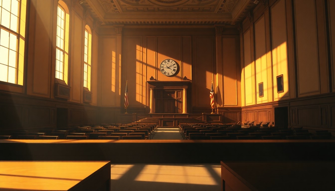 A serene, painterly scene of an empty government meeting room, with warm light streaming through the windows and deep shadows across the empty chairs, conveying a sense of contemplative civic space.