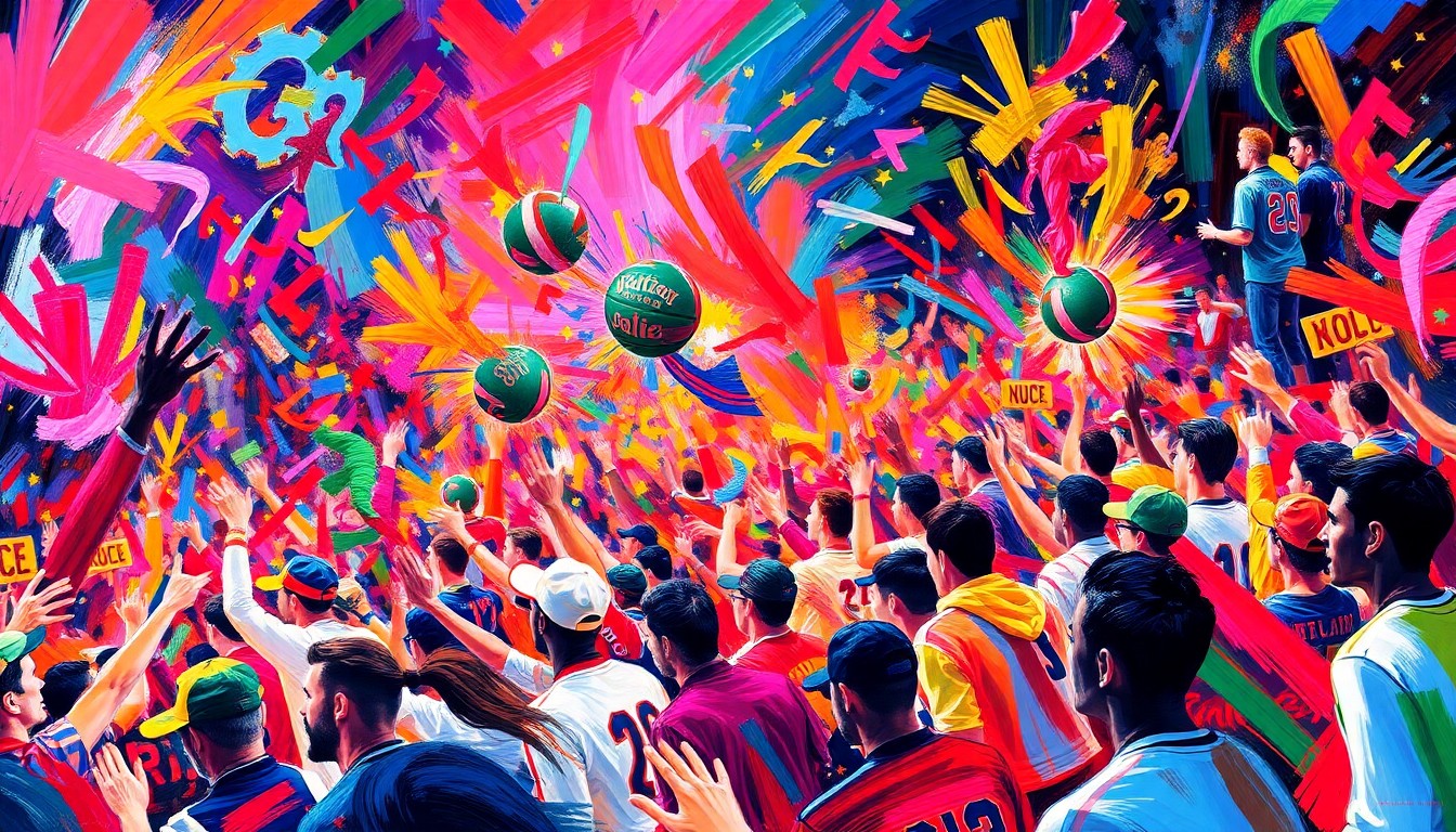 An abstract, expressionist painting in neon colors depicting the energy and excitement of a college basketball homecoming celebration, with swirling, dissolving shapes and figures that suggest the movement and emotion of the crowd.