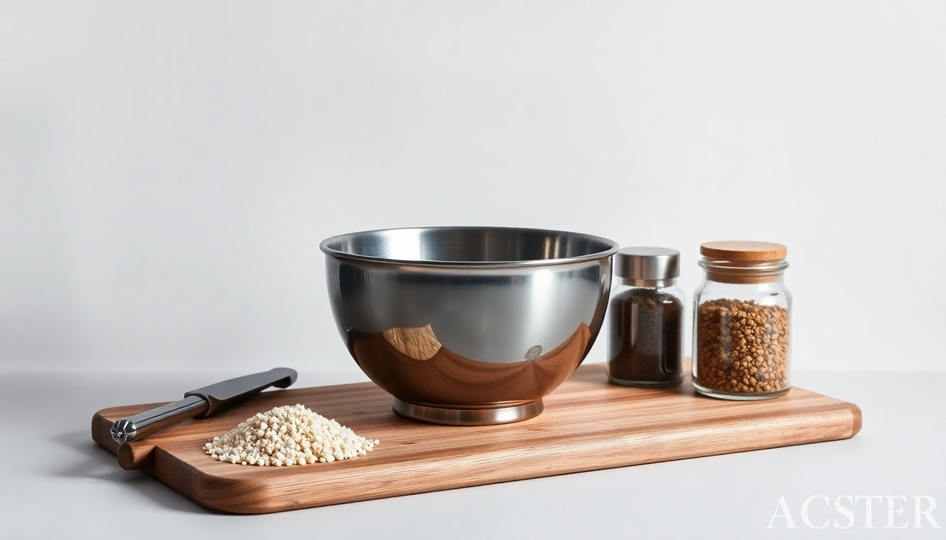 A minimalist, high-end studio still life photograph featuring a sleek stainless steel mixing bowl, a wooden cutting board, and a glass jar of spices, all arranged elegantly on a clean, monochromatic background with dramatic lighting and shadows, conceptually representing the efficiency and streamlined operations of CloudKitchens' delivery-focused model.
