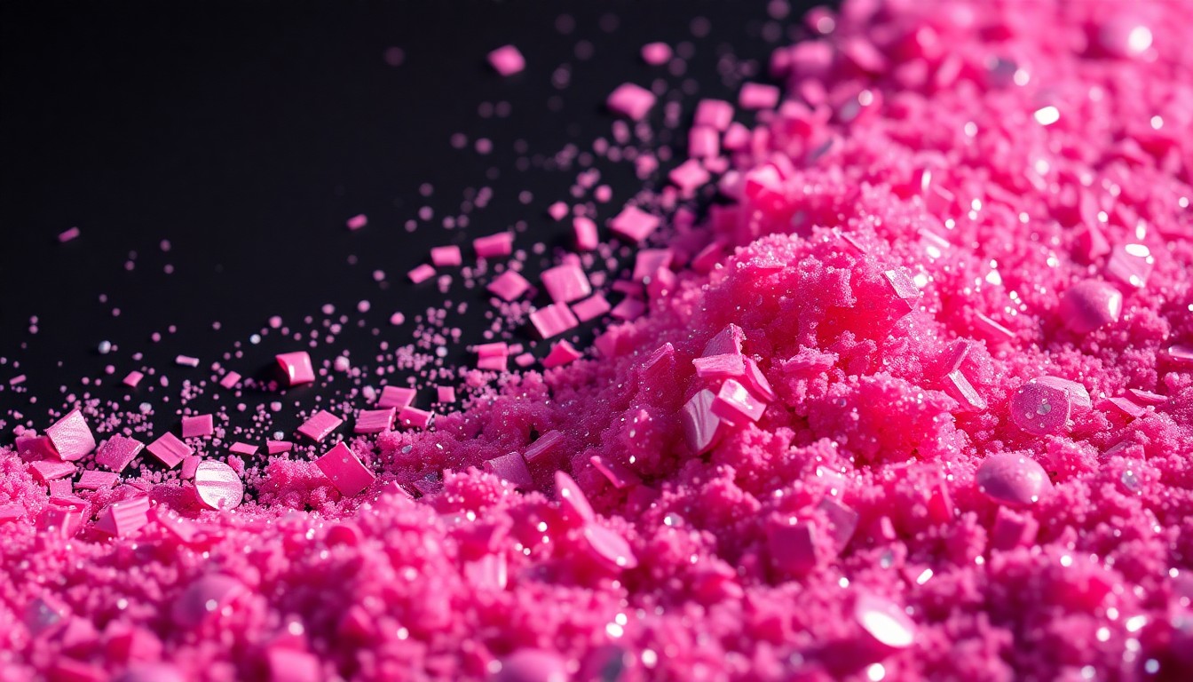 An extreme close-up of shattered pink sequins and glitter, reflecting dramatic studio lighting and conceptually representing the disappointment and broken promises of the Barbie Dream Fest.