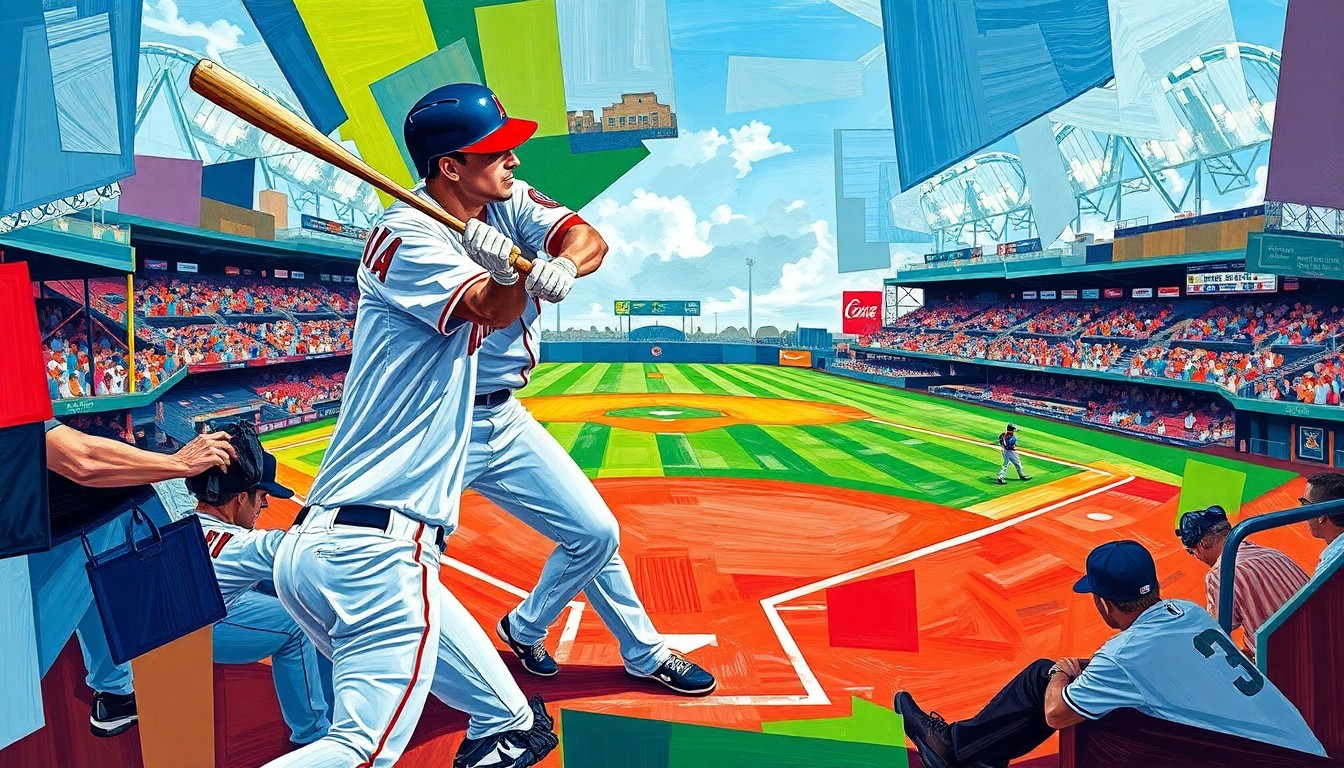 A cubist-style painting depicting a baseball player's batting stance and swing broken down into sharp, overlapping geometric shapes in the Angels' team colors of red, white, and blue, conceptually representing Neto's improved plate discipline.