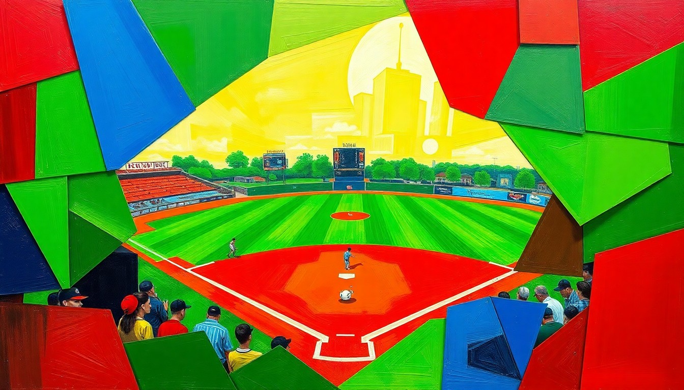 A cubist, geometric painting depicting the dynamic action of a high school softball game, with overlapping planes of bright colors representing the players, field, and equipment.