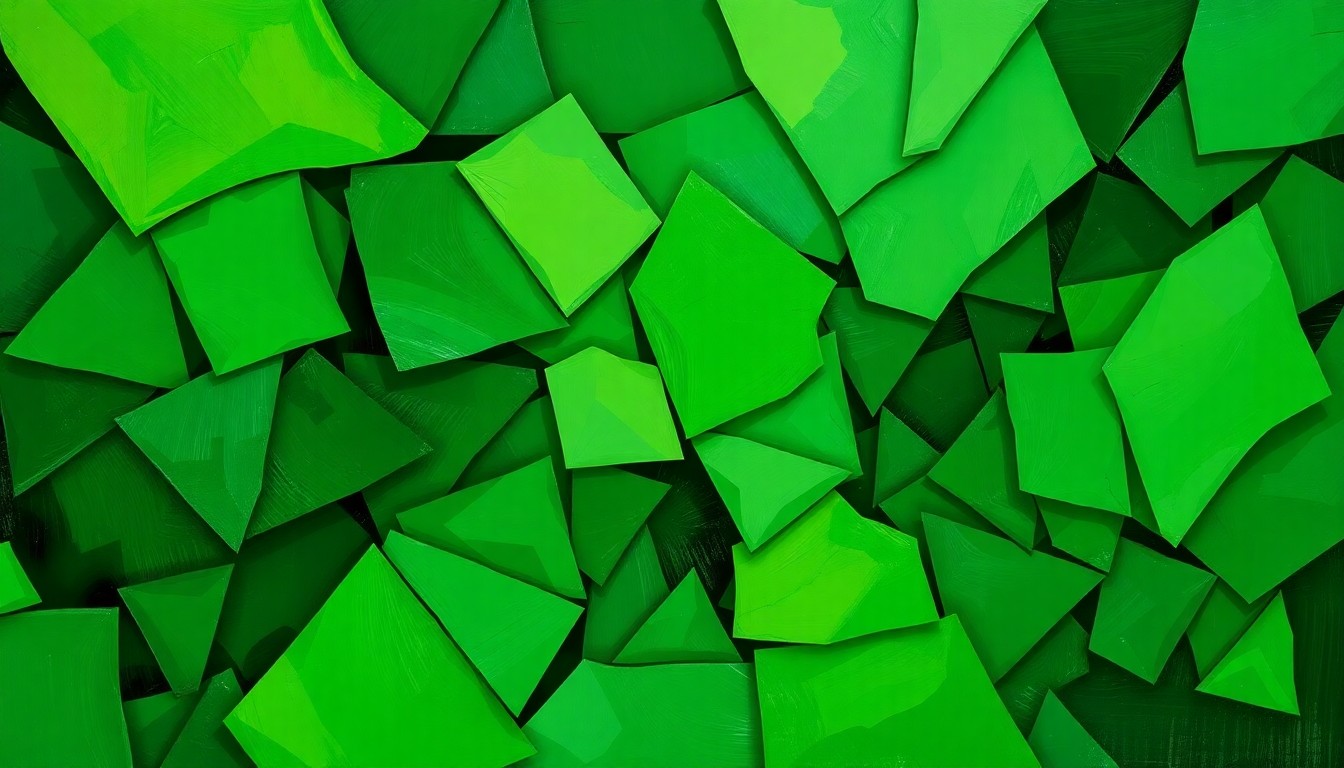 A vibrant, abstract painting featuring overlapping, fractured geometric shapes in various shades of green, conveying the dynamic and contested nature of the kratom regulation debate in Idaho.