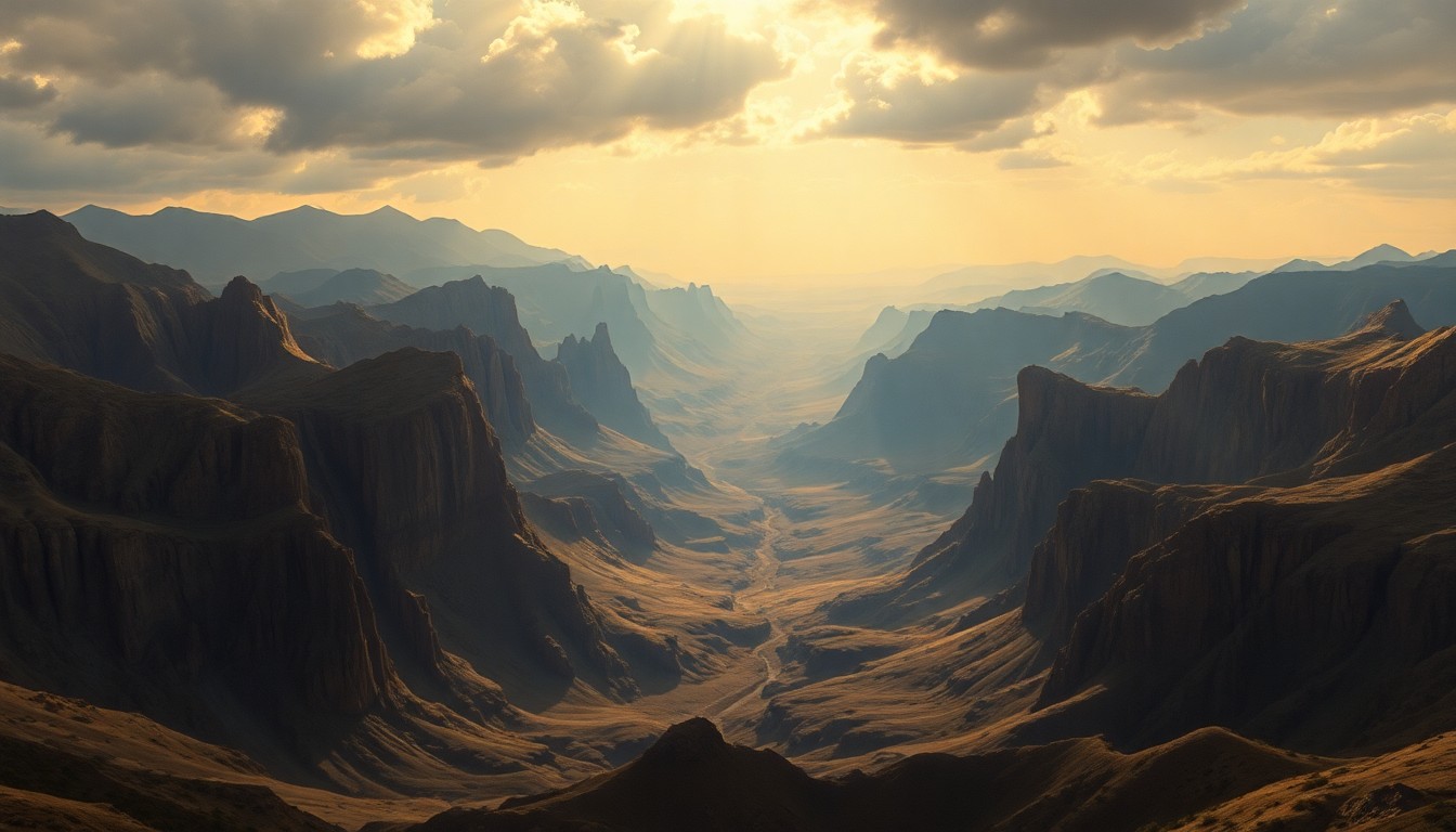 A sweeping, atmospheric landscape painting in muted earth tones, with dramatic shadows and light capturing the vast, sublime scale of a remote, rugged California terrain.