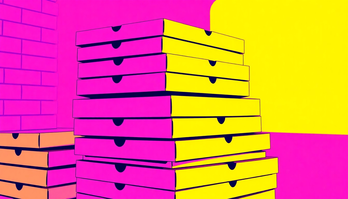 A bold, colorful silkscreen-style illustration of a stack of pizza boxes, conceptually representing the inclusive and supportive work environment at Amazing Pizza & More.