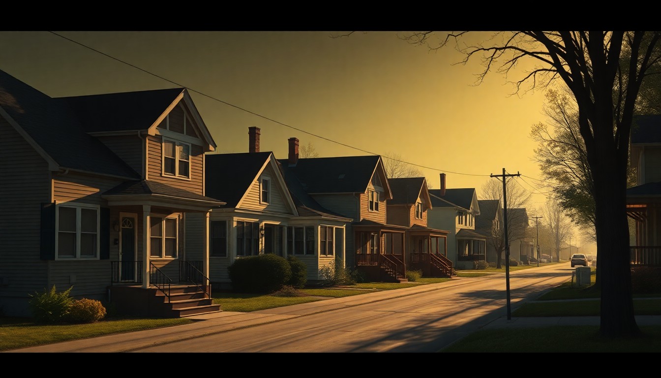 A serene, nostalgic painting of a row of well-maintained homes on a Milwaukee street, with warm sunlight and deep shadows creating a sense of tranquility and community.