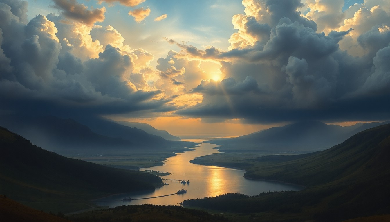 A sweeping, atmospheric landscape painting depicting the Boise River and New York Canal system against a backdrop of dramatic, swirling clouds and fading light, conveying the fragility and overwhelming scale of the region's water resources.