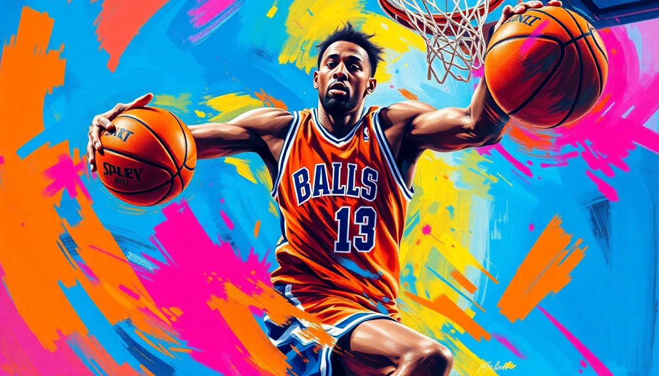 An abstract, expressionist painting in vibrant neon colors depicting the dynamic movement and energy of a basketball player driving to the hoop, with the player's face and jersey dissolving into unrecognizable brushstrokes.