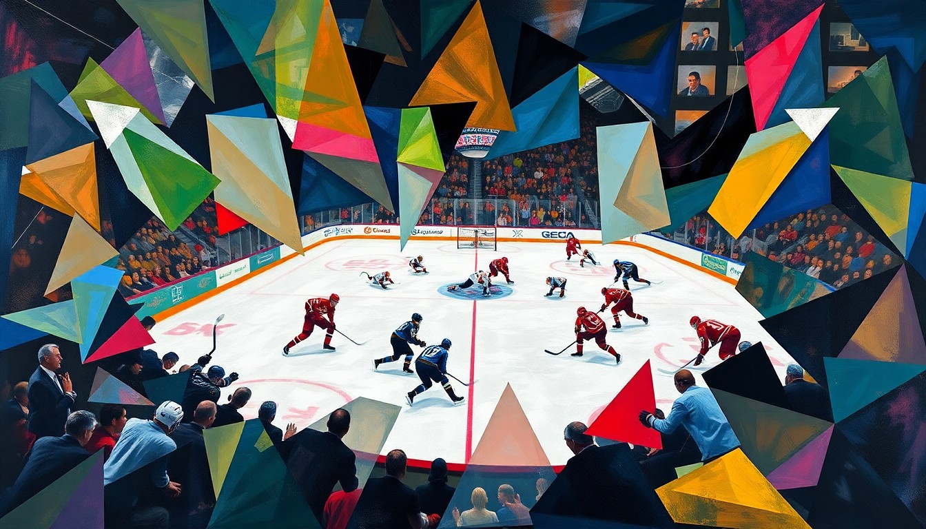 A fragmented, geometric painting in vibrant blues, greens, and reds depicts the action and movement of an ECHL hockey game, with players and the rink deconstructed into sharp, overlapping shapes.