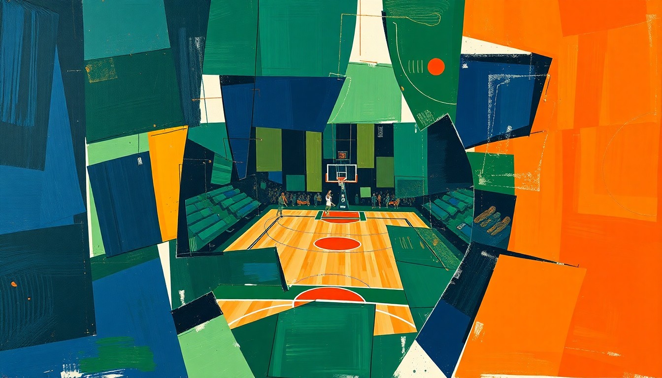 A cubist-style painting depicting a basketball game broken down into overlapping geometric shapes and planes in navy, green, and orange, conveying the intensity and energy of the tournament action.