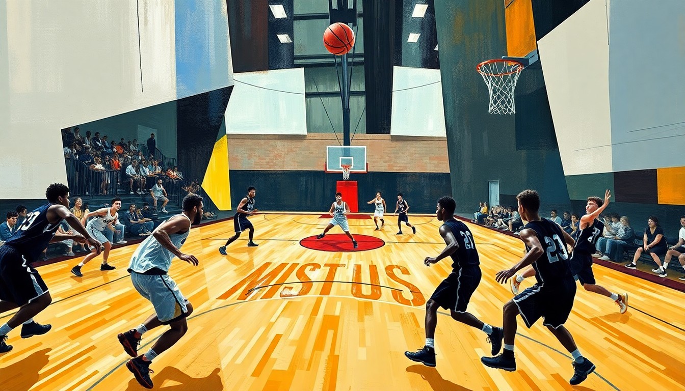 A fragmented, geometric painting depicting the dynamic movements and energy of a high school basketball game, with the players and court rendered in an abstract, cubist style.