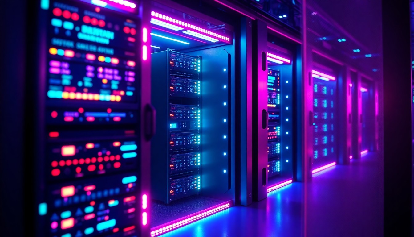 A highly detailed, glowing 3D macro illustration of a data center server rack, with neon cyan and magenta lights illuminating the intricate hardware components, conceptually representing the vital role of digital infrastructure in modern warfare and its vulnerability to cyberattacks.