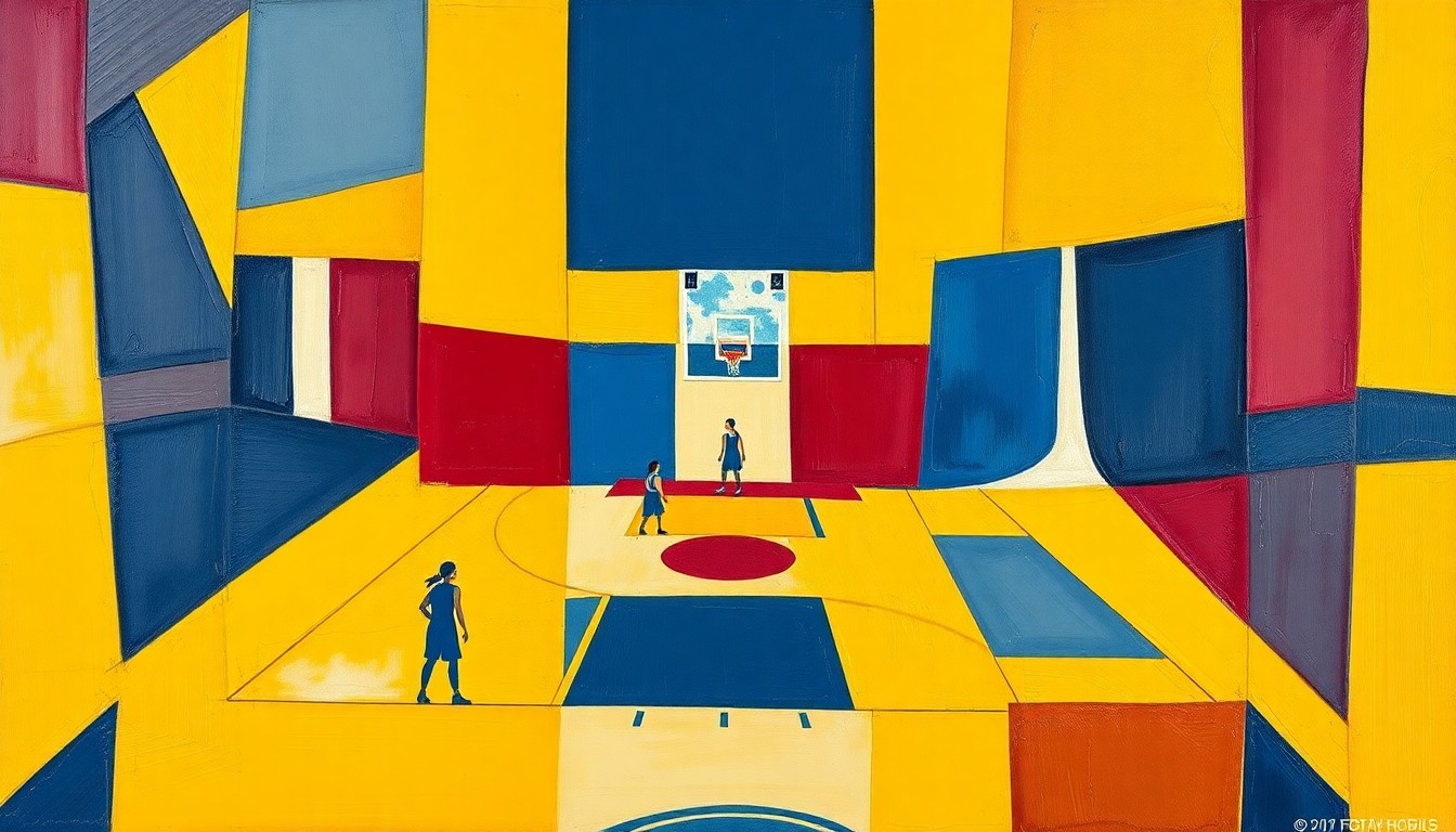 A cubist, geometric painting depicting a women's basketball game, with overlapping planes of yellow, blue, and red representing the dynamic action on the court.