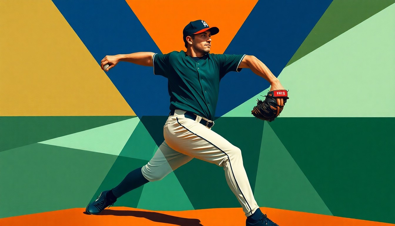 A fragmented, geometric painting depicting the various angles and planes of a baseball pitcher's windup and release, with sharp lines and bold colors conveying the power and energy of the sport.