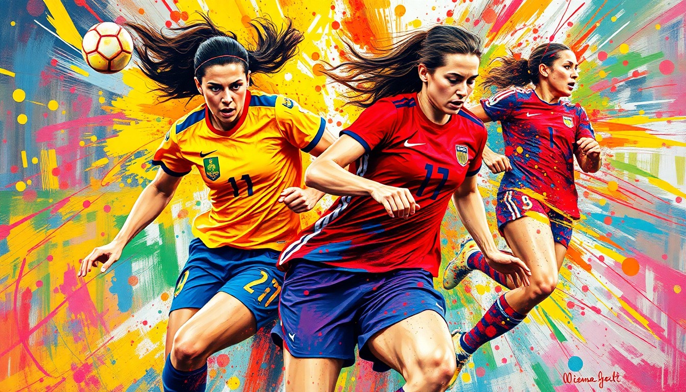 An abstract, energetic painting in neon colors depicting the dynamic movement and action of a women's soccer match, with players' forms blending into the vibrant brushstrokes.