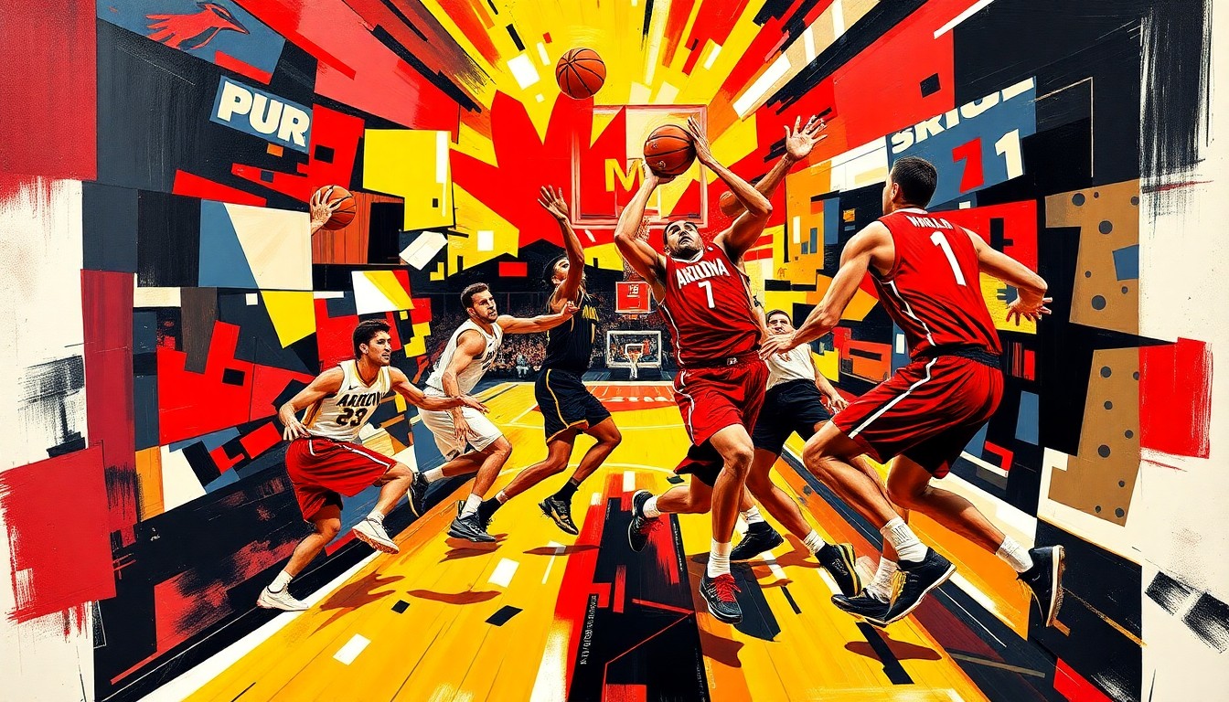 A fractured, cubist-style painting depicting the intense basketball action between Arizona and Purdue, with sharp, overlapping geometric planes in vibrant colors representing the teams' contrasting styles of play.