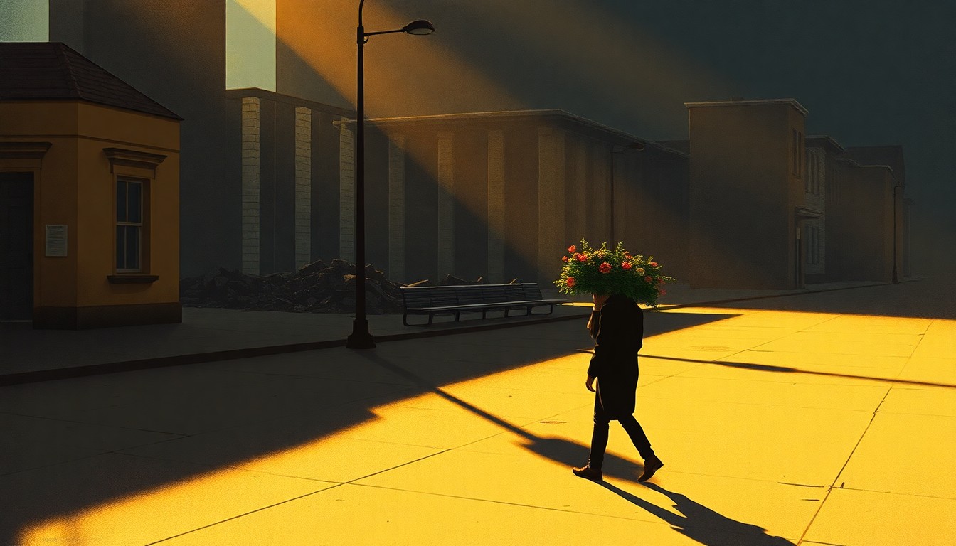 A solitary figure carrying a memorial, surrounded by warm light and deep shadows, conceptually representing the loss of community spaces in a rapidly changing city.
