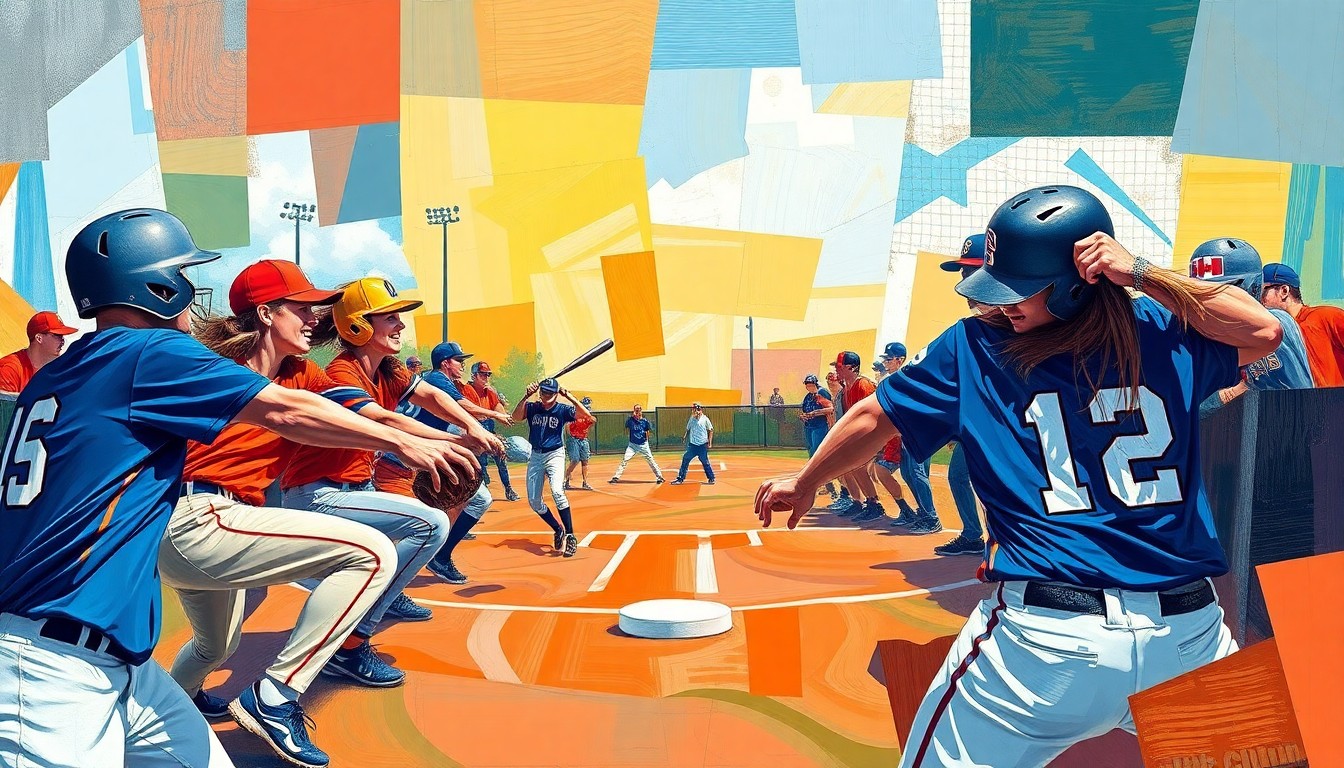 A cubist, geometric painting depicting a softball game or match, with sharp, overlapping planes of color representing the players, field, and action, conveying the energy and drama of the Broncos' walk-off wins.