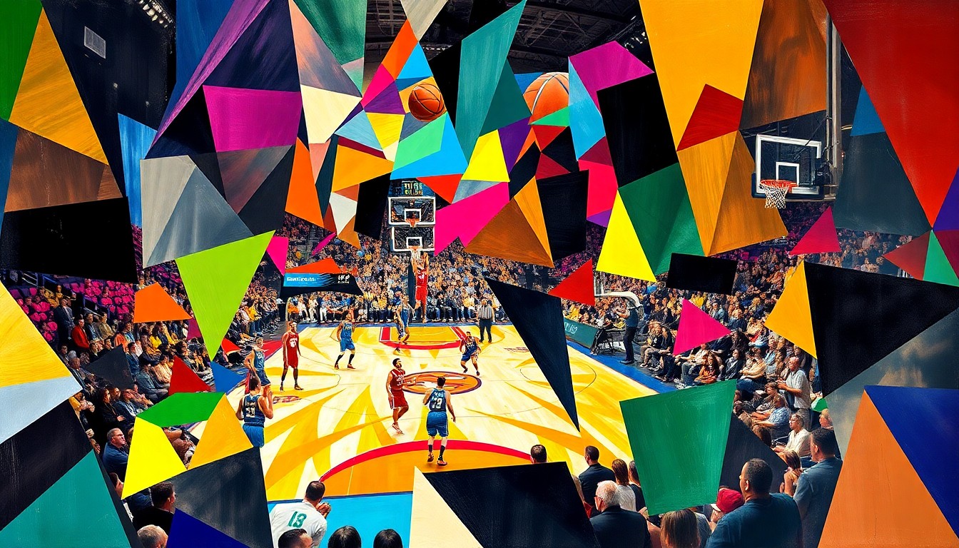 A cubist-style painting depicting the dynamic action of a college basketball game, with the players' movements and the crowd's energy represented through a fragmented, angular composition of vibrant colors and geometric shapes.