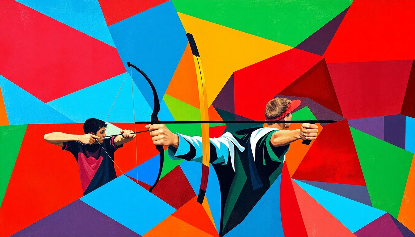 A cubist, geometric painting featuring sharp, overlapping planes of red, blue, and green, capturing the dynamic motion and energy of a high school archery competition.